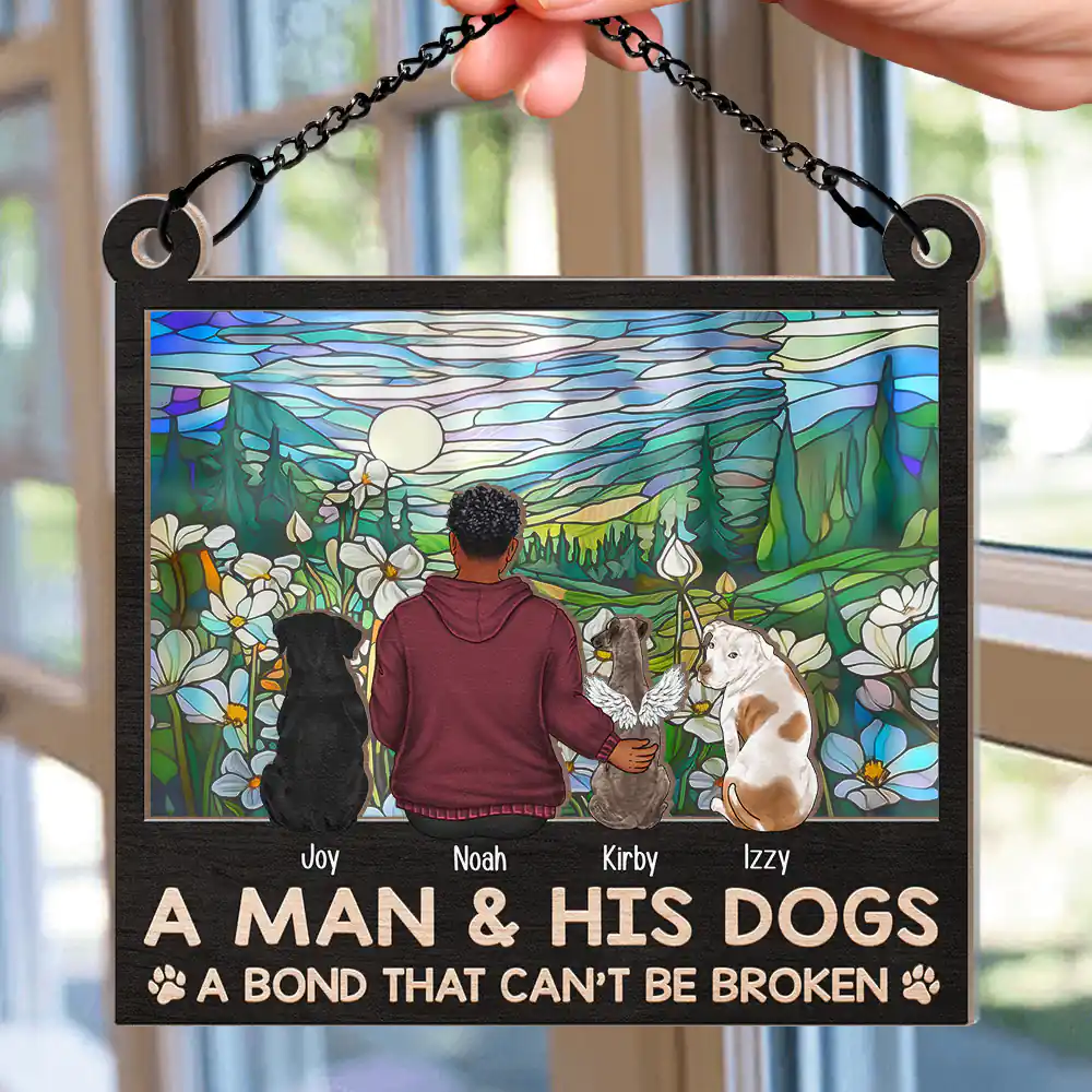 Rectangle Flower Field A Girl And Her Dog And Cat - Personalized Window Hanging Suncatcher Ornament - Image 2