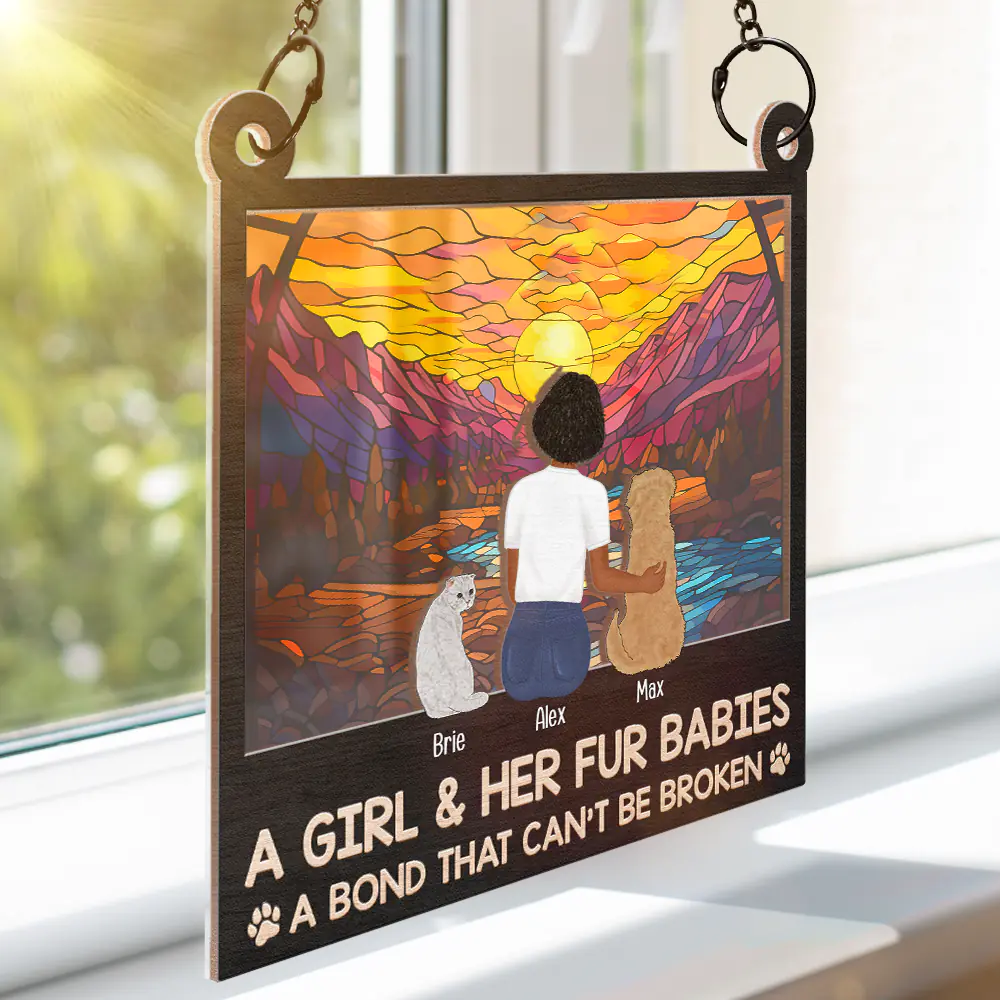 Rectangle Flower Field A Girl And Her Dog And Cat - Personalized Window Hanging Suncatcher Ornament - Image 3