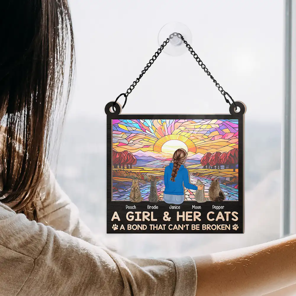 Rectangle Flower Field A Girl And Her Dog And Cat - Personalized Window Hanging Suncatcher Ornament - Image 4