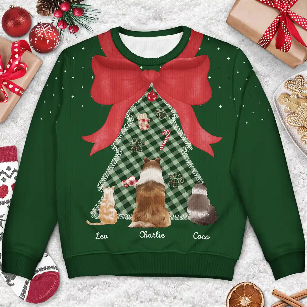 Red Bow Christmas Tree For Dog Cat Lovers - Personalized Unisex Ugly Sweater - Image 3