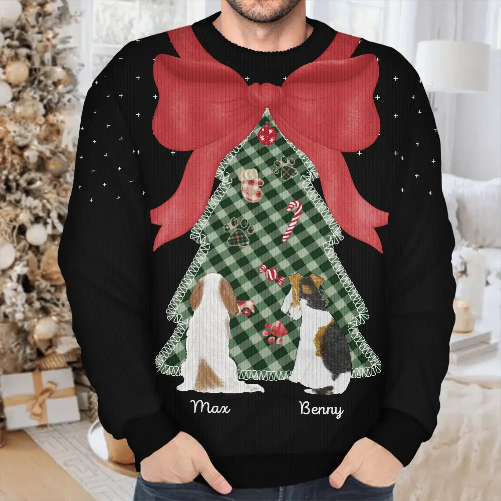 Red Bow Christmas Tree For Dog Cat Lovers - Personalized Unisex Ugly Sweater - Image 4