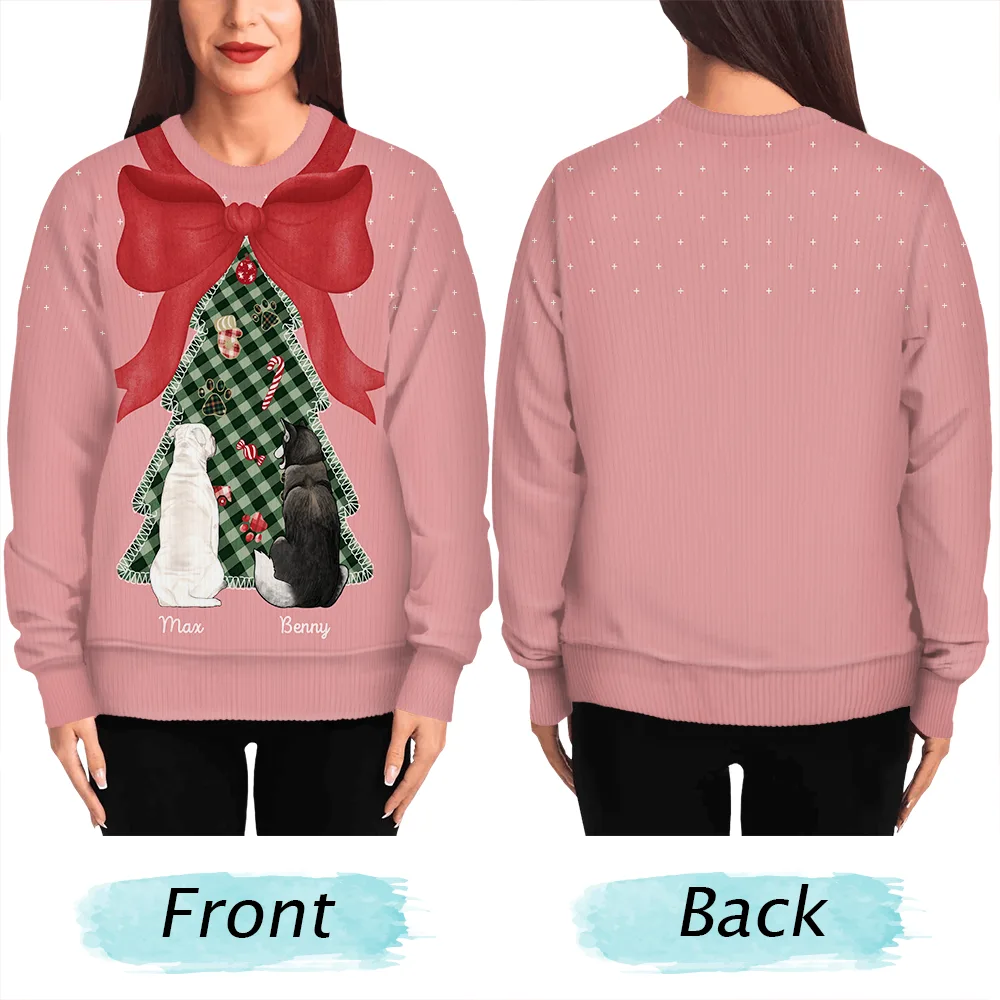 Red Bow Christmas Tree For Dog Cat Lovers - Personalized Unisex Ugly Sweater - Image 5