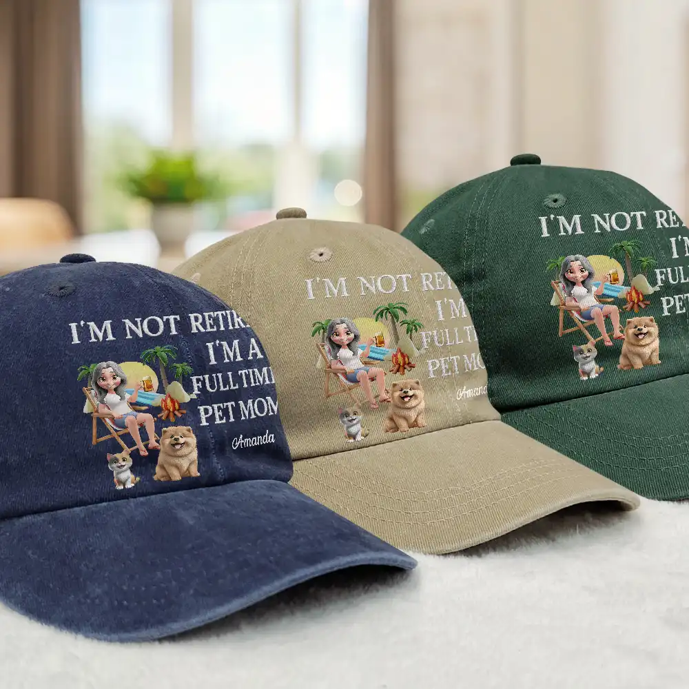 Retired Full Time Dog Cat Mom 3D Embroidery Effect - Personalized Vintage Washed Denim Cap - Image 3