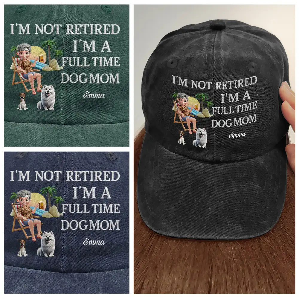 Retired Full Time Dog Cat Mom 3D Embroidery Effect - Personalized Vintage Washed Denim Cap - Image 4