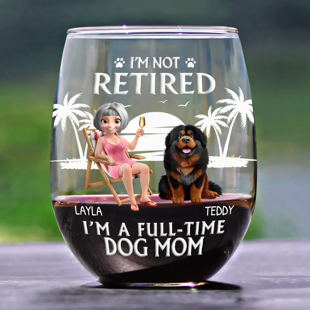 Retired Full Time Dog Cat Mom - Personalized Stemless Wine Glass - Image 2