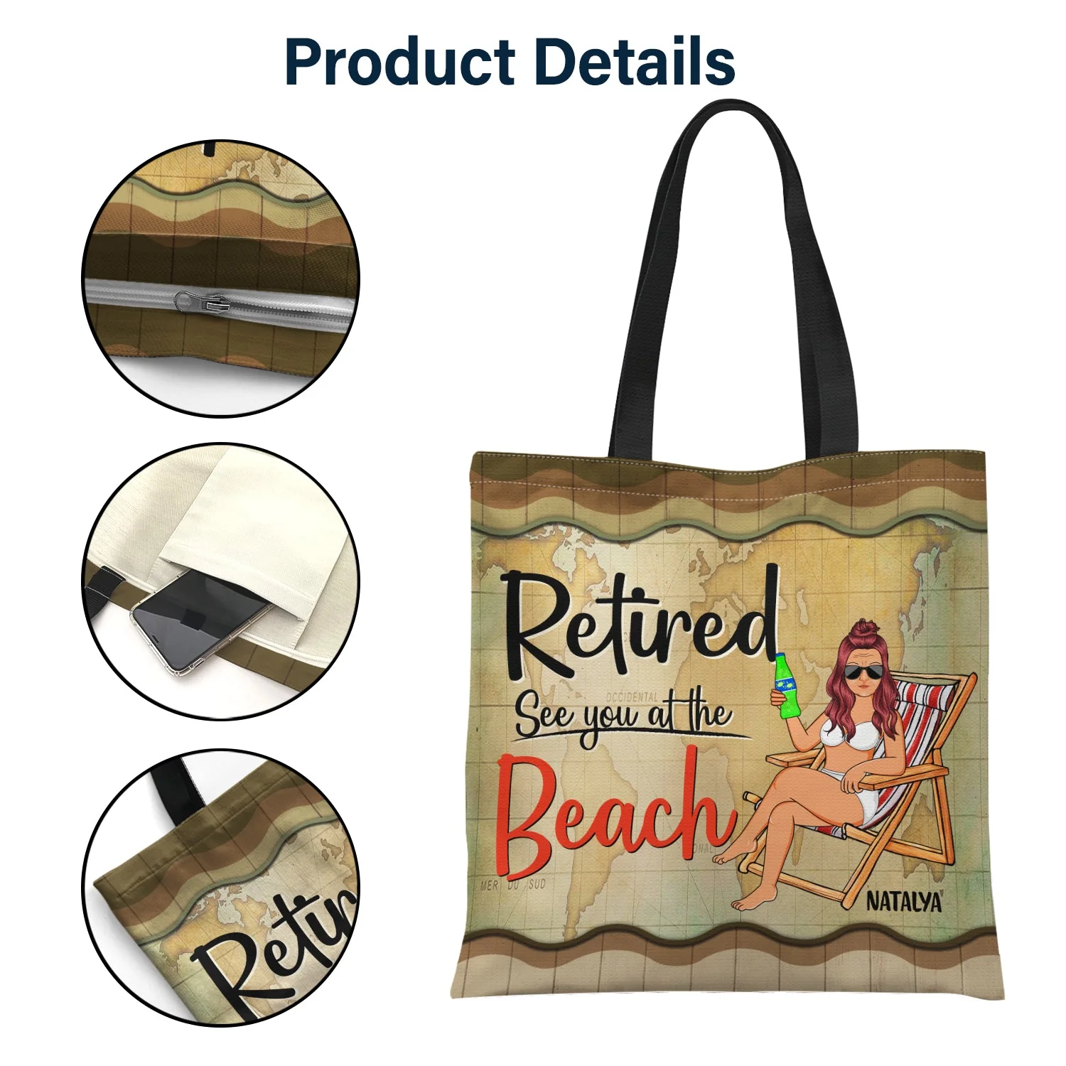 Retired See You At The Beach - Gift For Retiree - Personalized Custom Zippered Canvas Bag - Image 4
