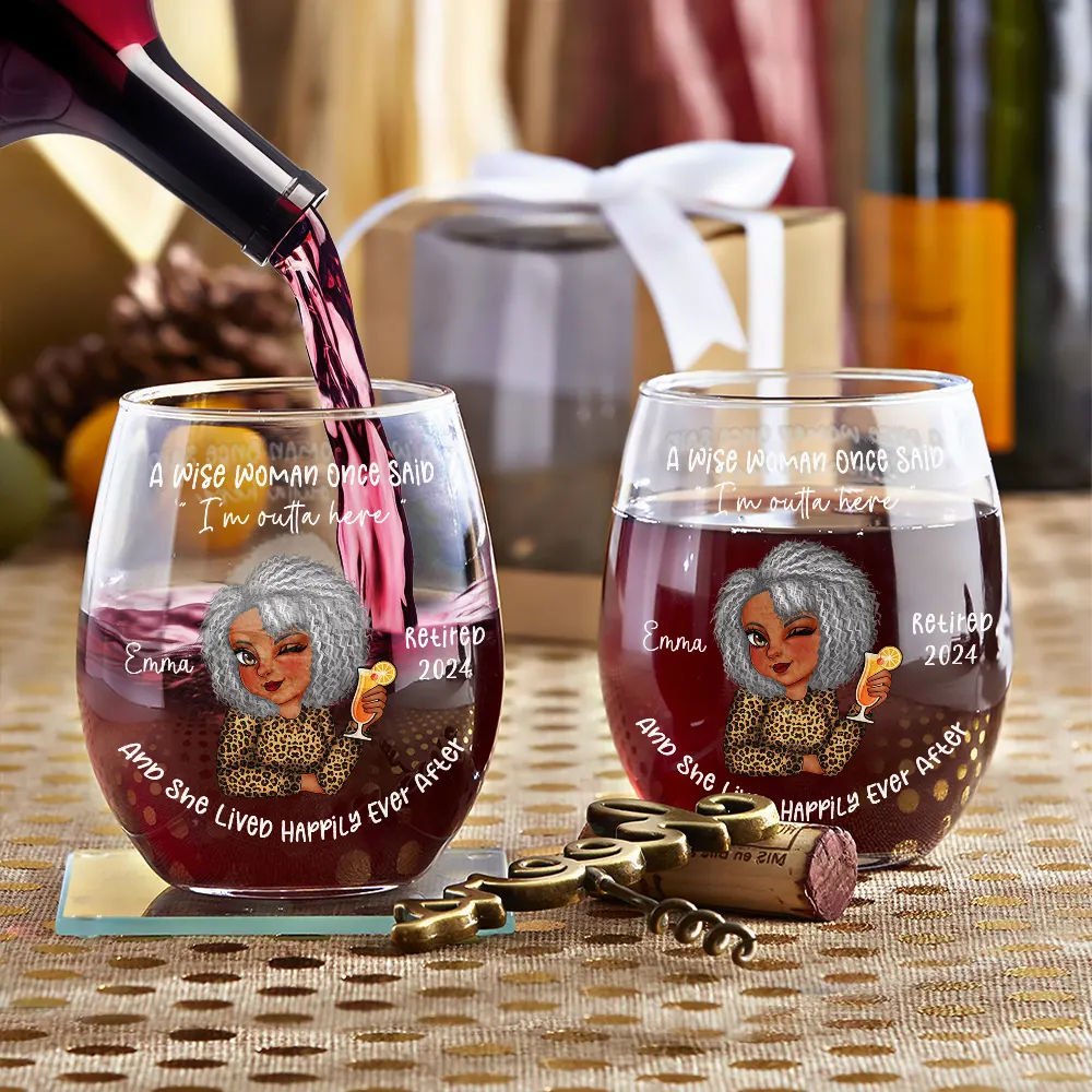 Retired Turban Woman And She Lived Happily Ever After - Personalized Stemless Wine Glass - Image 3