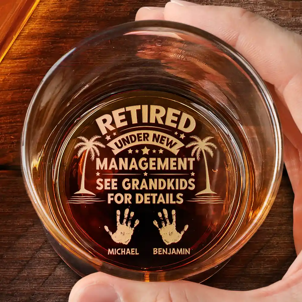 Retired Under New Management Handprints - Personalized Engraved Whiskey Glass - Image 2