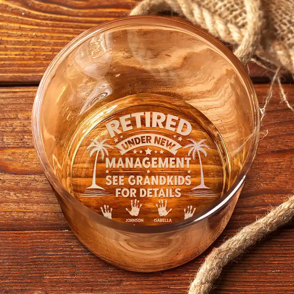 Retired Under New Management Handprints - Personalized Engraved Whiskey Glass - Image 3