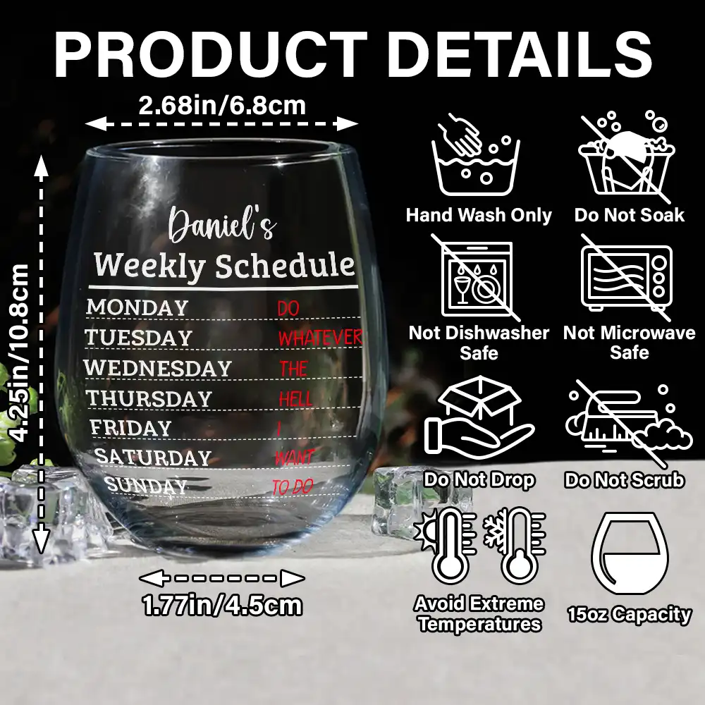 Retirement Weekly Schedule - Personalized Stemless Wine Glass - Image 5