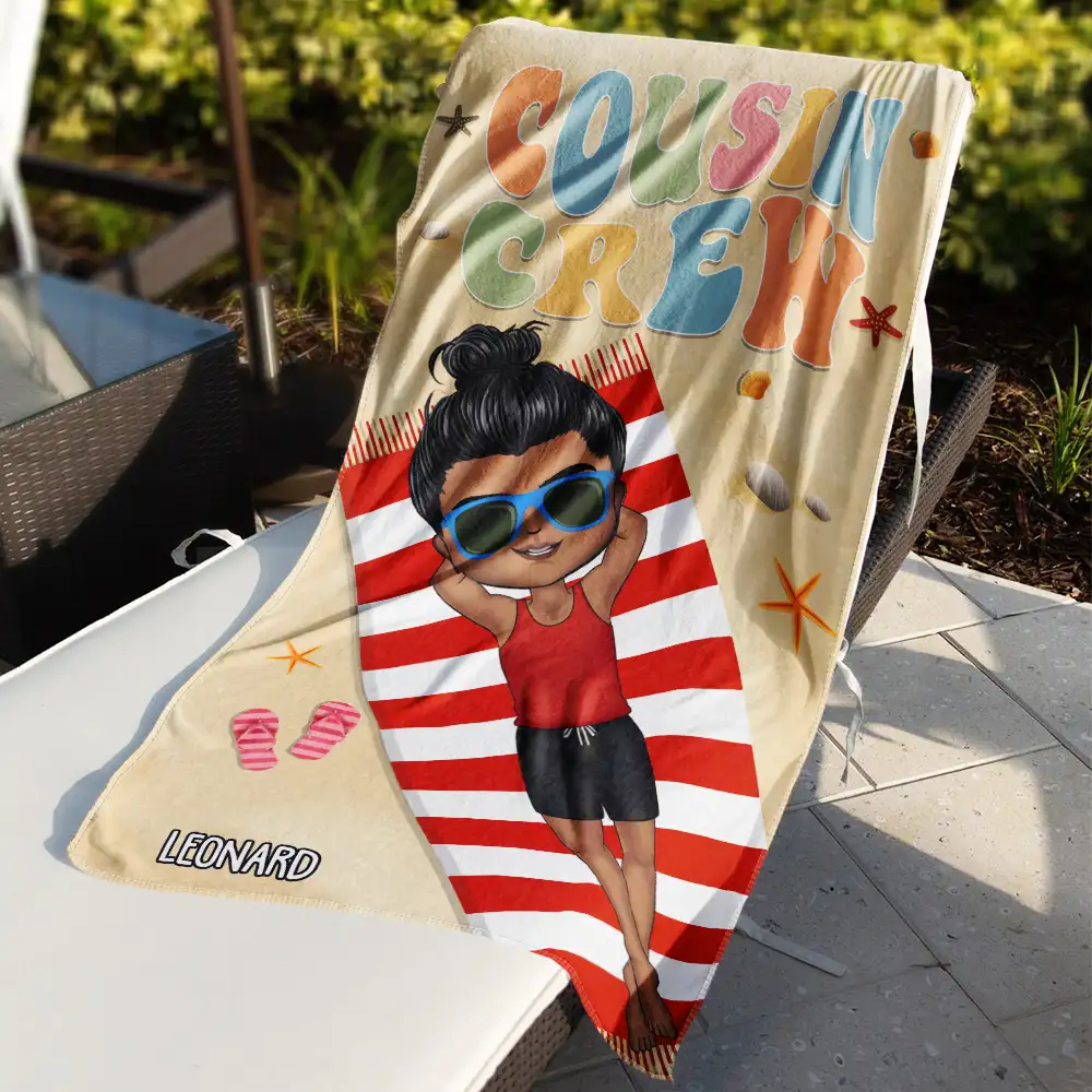 Retro Cousin Crew Chibi Sister Brother - Personalized Beach Towel - Image 3