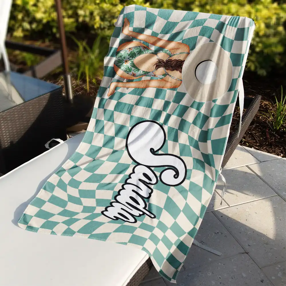 Retro Groovy Name Girl By The Beach - Personalized Beach Towel - Image 3