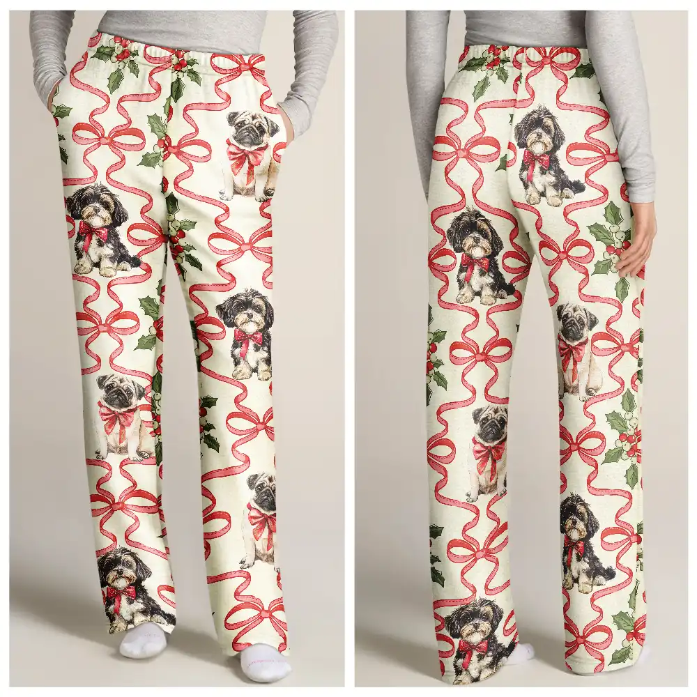 Retro Holy Berries And Decorative Bow - Personalized Pajama Pants - Image 3
