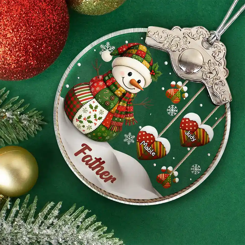 Retro Patchwork Snowman - Personalized Glass Ornament With Silver Cap - Image 2