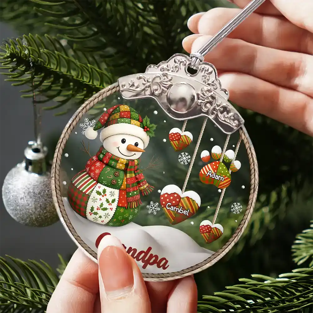 Retro Patchwork Snowman - Personalized Glass Ornament With Silver Cap - Image 3