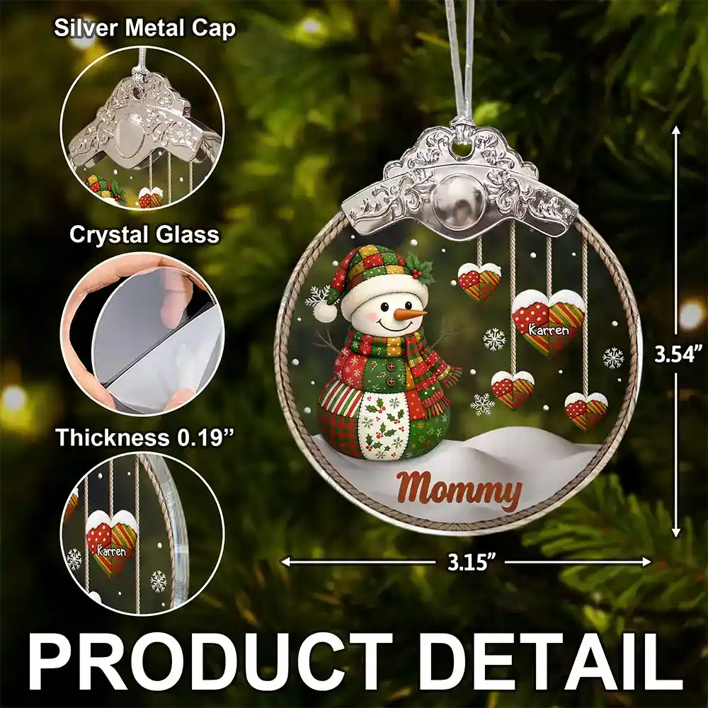 Retro Patchwork Snowman - Personalized Glass Ornament With Silver Cap - Image 5