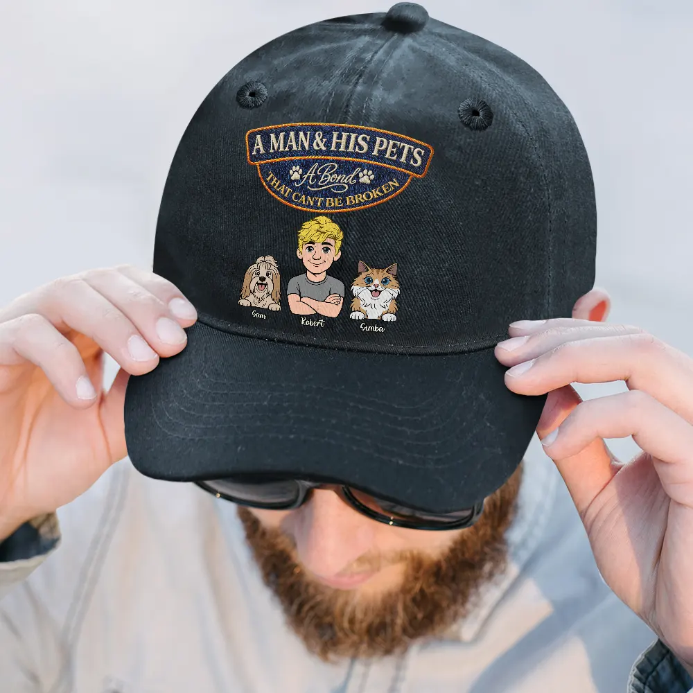Retro Style A Man And His Dog Cat A Bond That Can't Be Broken - Personalized Vintage Washed Denim Cap - Image 2