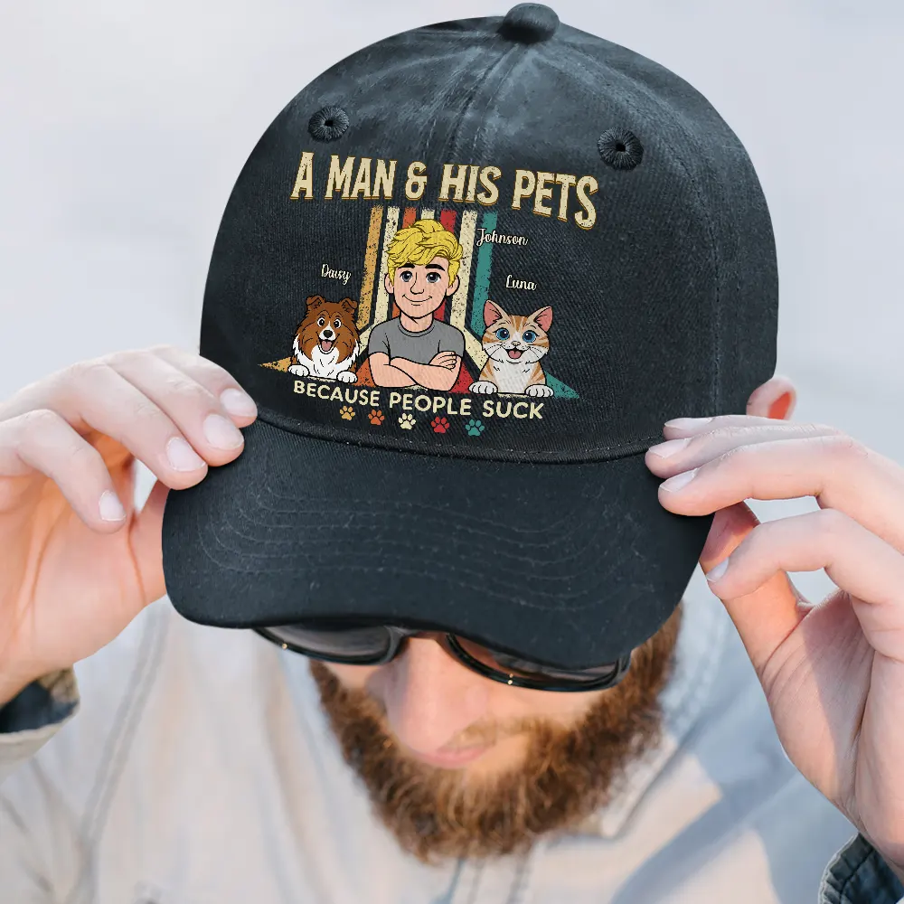 Retro Style A Man & His Dog Cat - Personalized Vintage Washed Denim Cap - Image 2