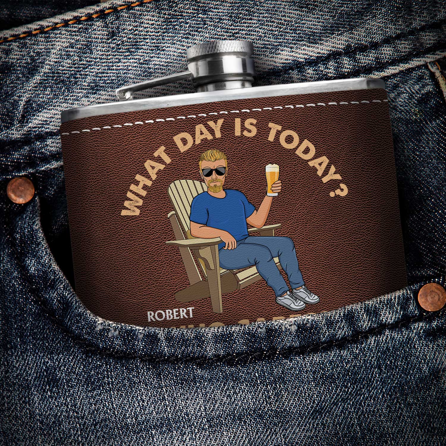 Retro What Day Is Today Who Cares - Gift For Dad, Grandpa, Retirement Gift - Personalized Hip Flask - Image 3