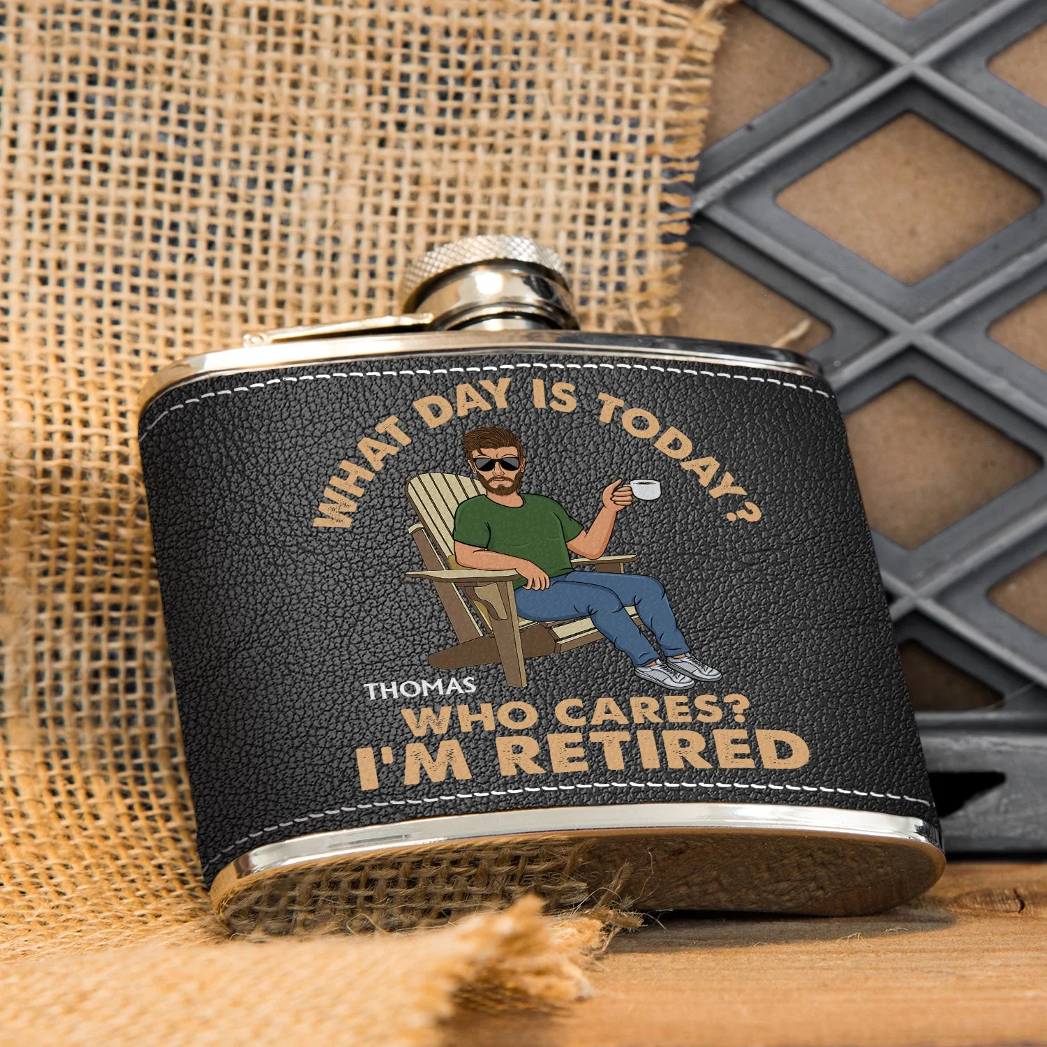 Retro What Day Is Today Who Cares - Gift For Dad, Grandpa, Retirement Gift - Personalized Hip Flask - Image 4
