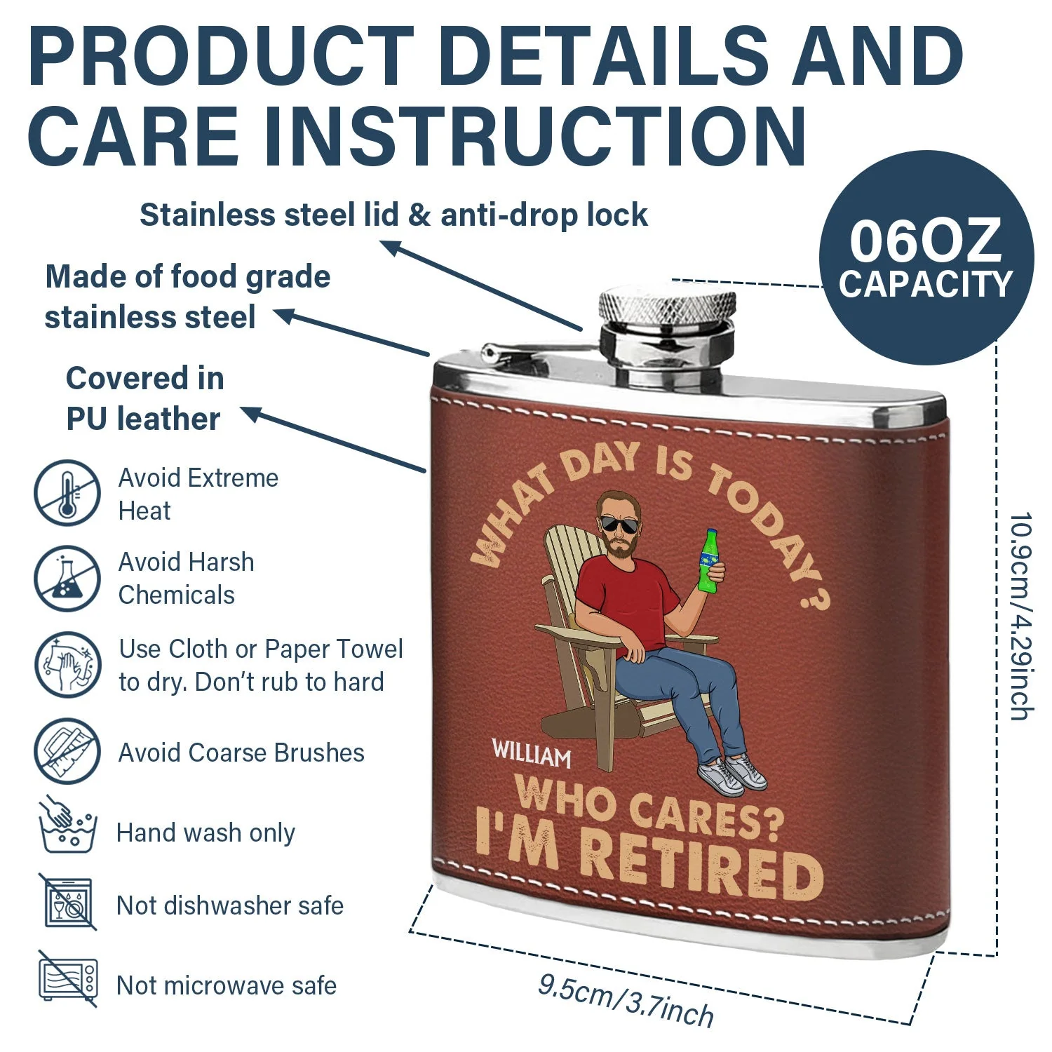 Retro What Day Is Today Who Cares - Gift For Dad, Grandpa, Retirement Gift - Personalized Hip Flask - Image 5