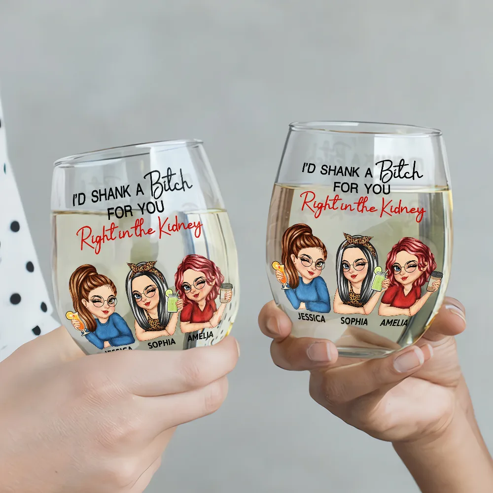 Right In The Kidney Besties Sisters - Personalized Stemless Wine Glass - Image 3