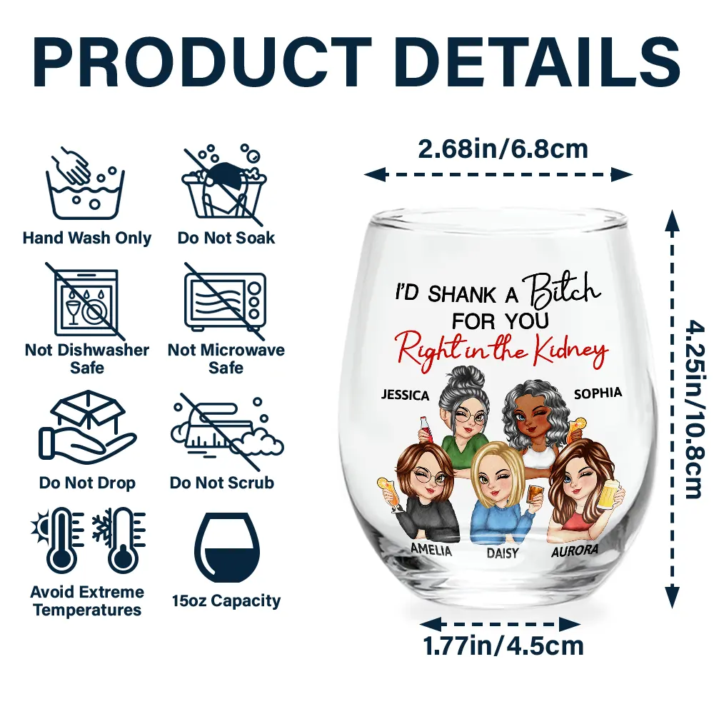 Right In The Kidney Besties Sisters - Personalized Stemless Wine Glass - Image 5