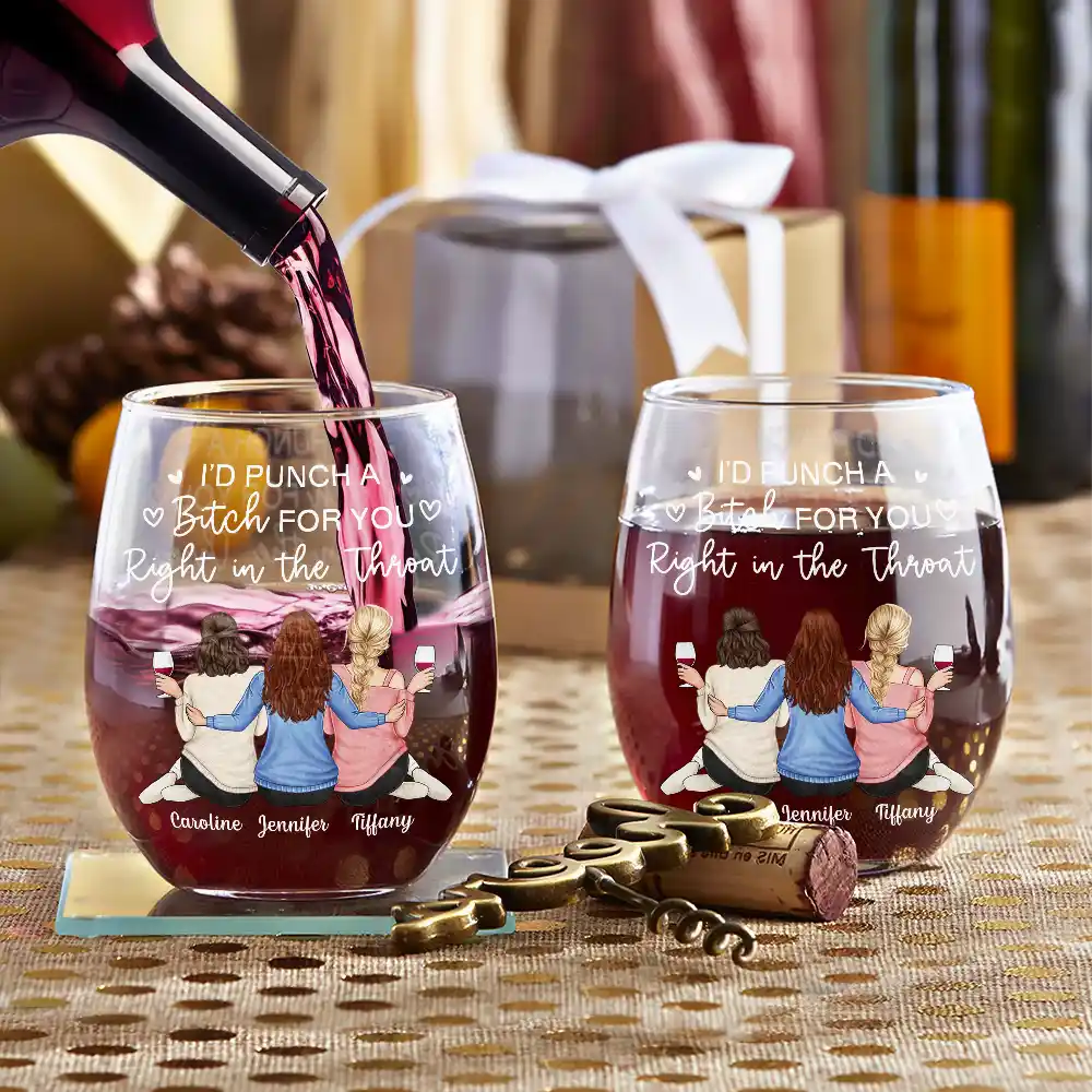 Right In The Throat Besties Sisters Backside - Personalized Stemless Wine Glass - Image 3
