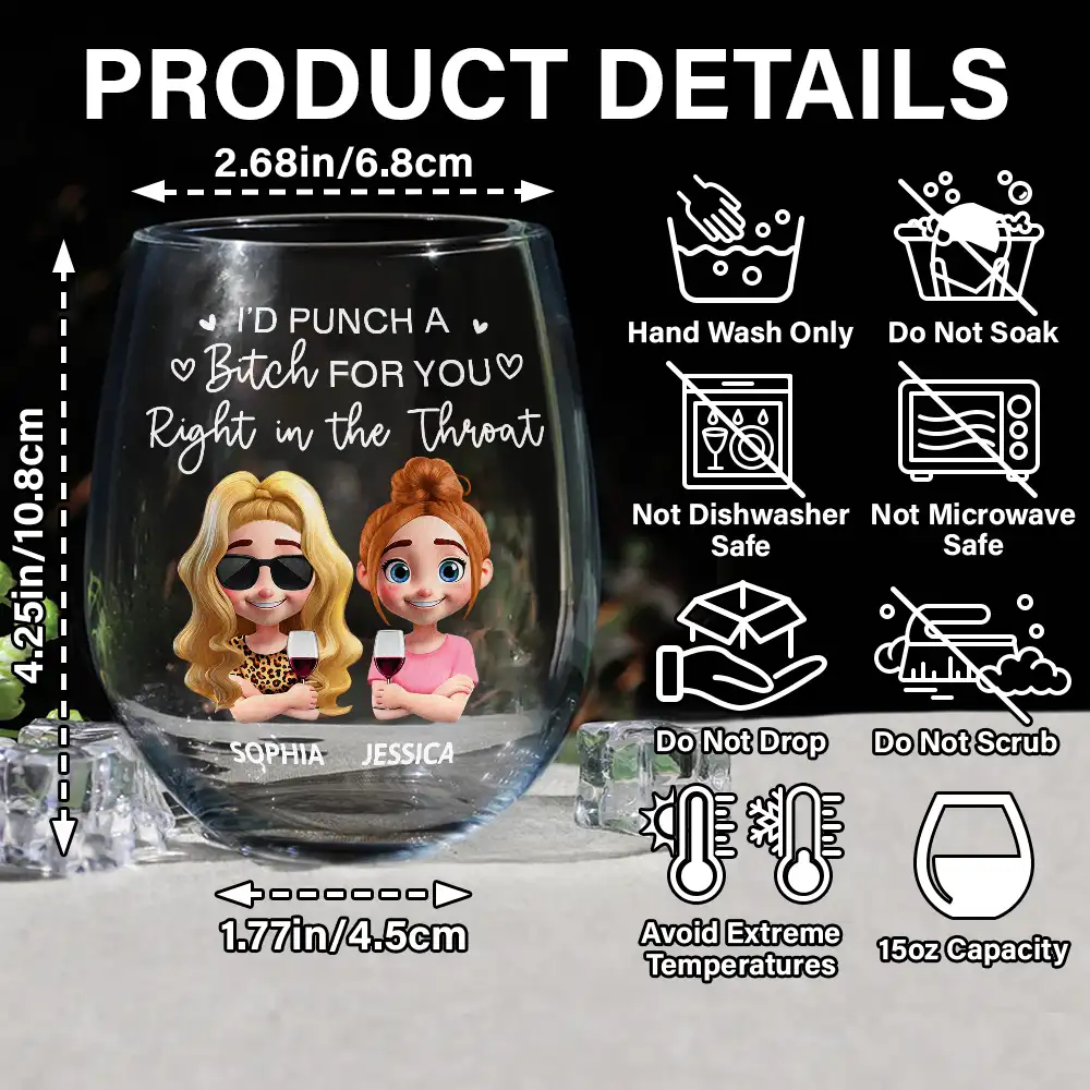 Right In The Throat Besties Sisters Cartoon - Personalized Stemless Wine Glass - Image 5