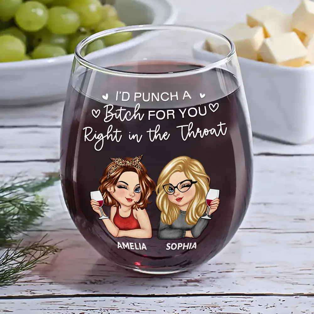 Right In The Throat Besties Sisters - Personalized Stemless Wine Glass - Image 6