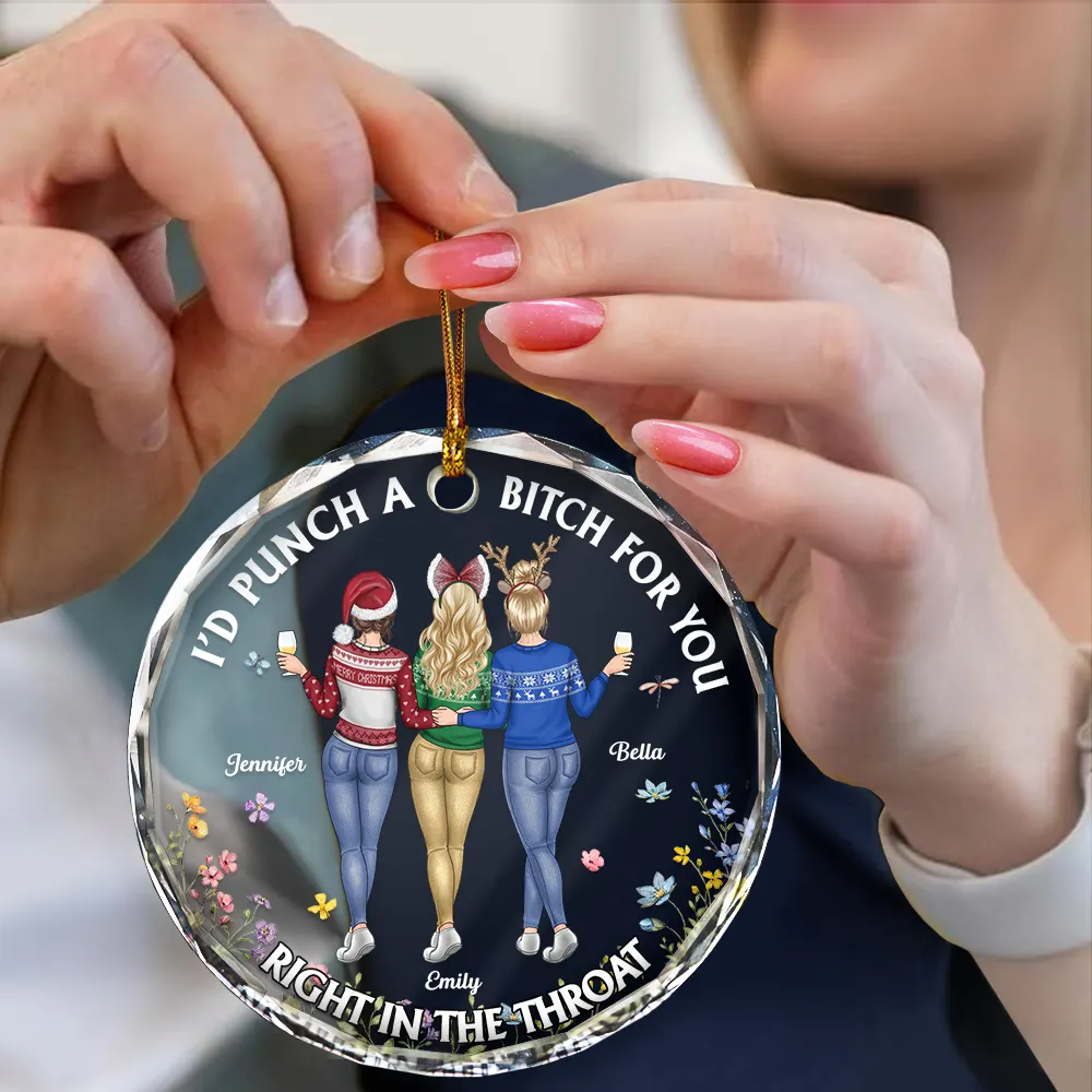 Right In The Throat Funny Besties - Personalized Circle Glass Ornament - Image 4