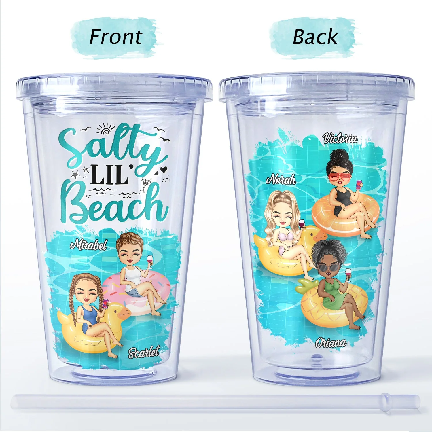 Salty Lil' Beach Tanned And Tipsy Pool Hair Don't Care - Birthday, Anniversary, Travel, Vacation Gift For Girl, Bestie, Sister - Personalized Acrylic Insulated Tumbler With Straw - Image 4