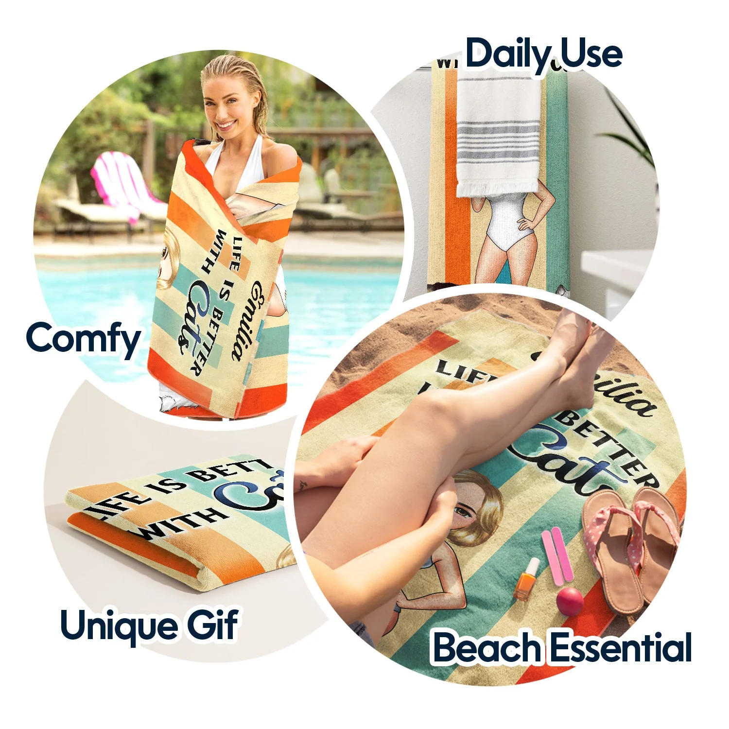 Sandy Toes And Salty Kisses Cartoon Beach Swimming Picnic Vacation Traveling - Birthday, Funny Gift For Her, Him, Dog Lovers, Cat Lovers - Personalized Custom Beach Towel - Image 5