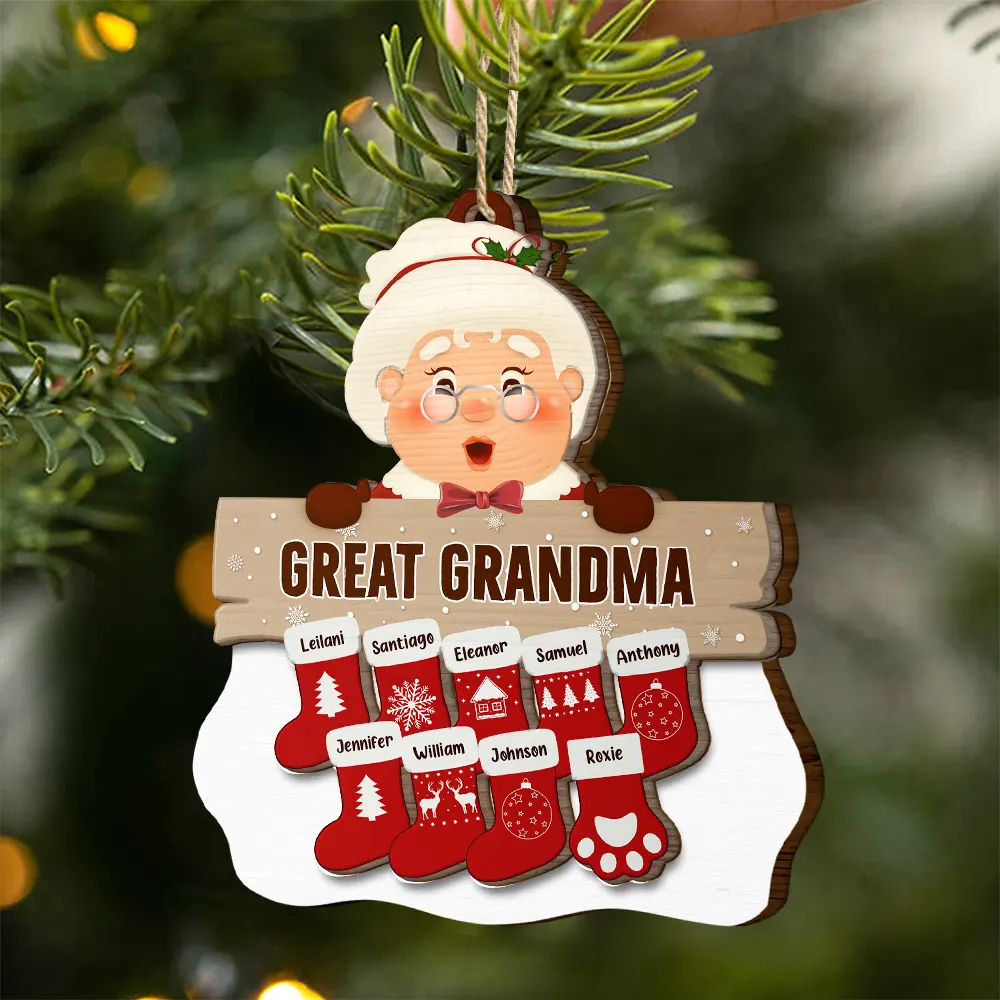 Santa Claus Mrs Claus Grandkids - Personalized 2-Layered Wooden Ornament - Image 2