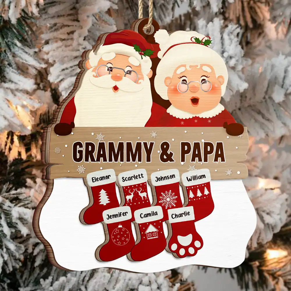 Santa Claus Mrs Claus Grandkids - Personalized 2-Layered Wooden Ornament - Image 3