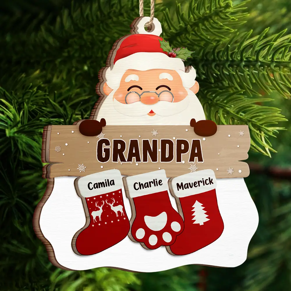 Santa Claus Mrs Claus Grandkids - Personalized 2-Layered Wooden Ornament - Image 4