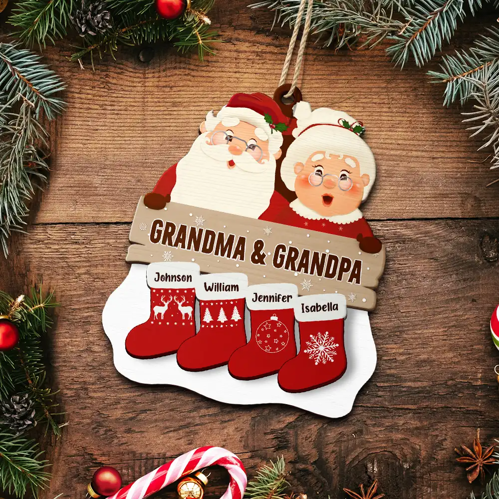 Santa Claus Mrs Claus Grandkids - Personalized 2-Layered Wooden Ornament - Image 5