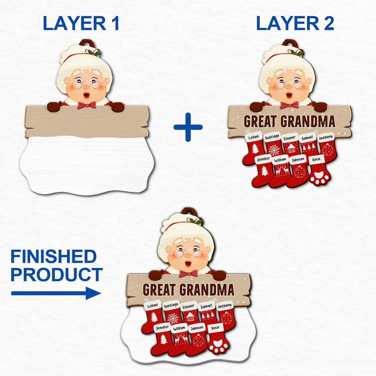 Santa Claus Mrs Claus Grandkids - Personalized 2-Layered Wooden Ornament - Image 6