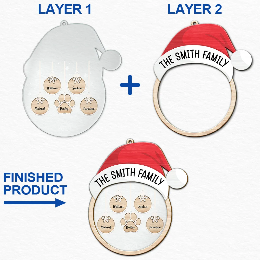 Santa Hat Family Charms Custom Names - Personalized 2-Layered Mix Ornament - Image 6