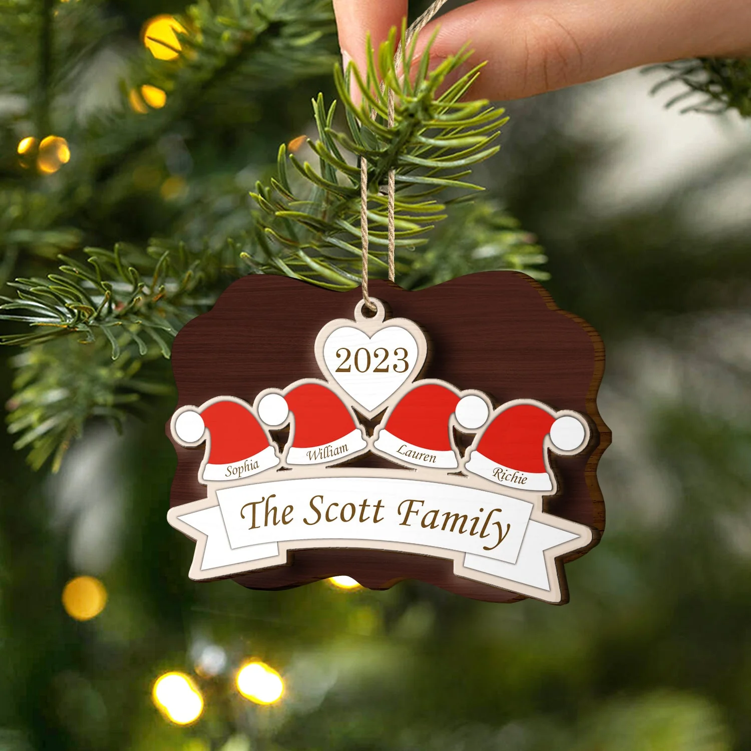 Santa Hats - Christmas Gift For Family, Parents, Grandparents - Personalized 2-Layered Wooden Ornament - Image 2