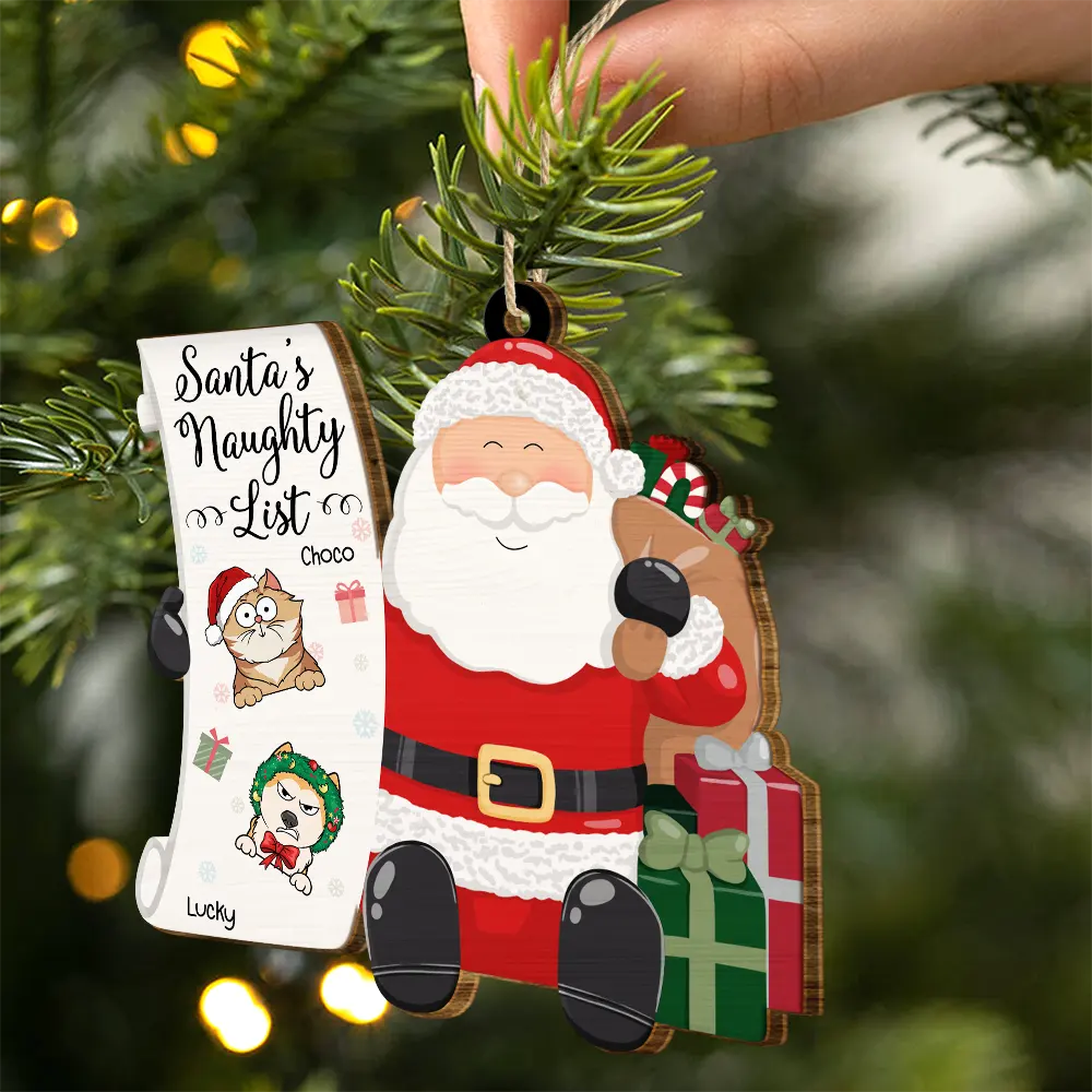 Santa's Naughty List Funny Christmas Cartoon Dogs Cats - Personalized Custom Shaped Wooden Ornament - Image 2