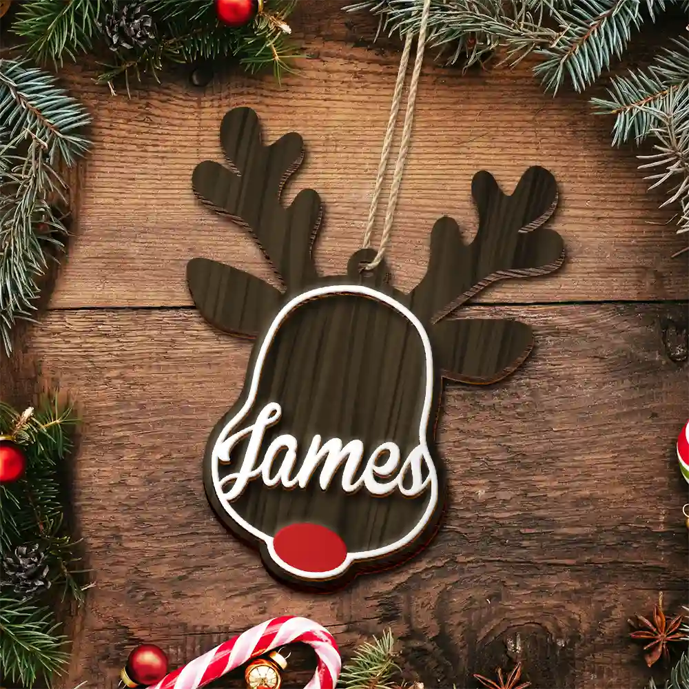 Santa's Reindeer Christmas - Personalized 2-Layered Wooden Ornament - Image 5
