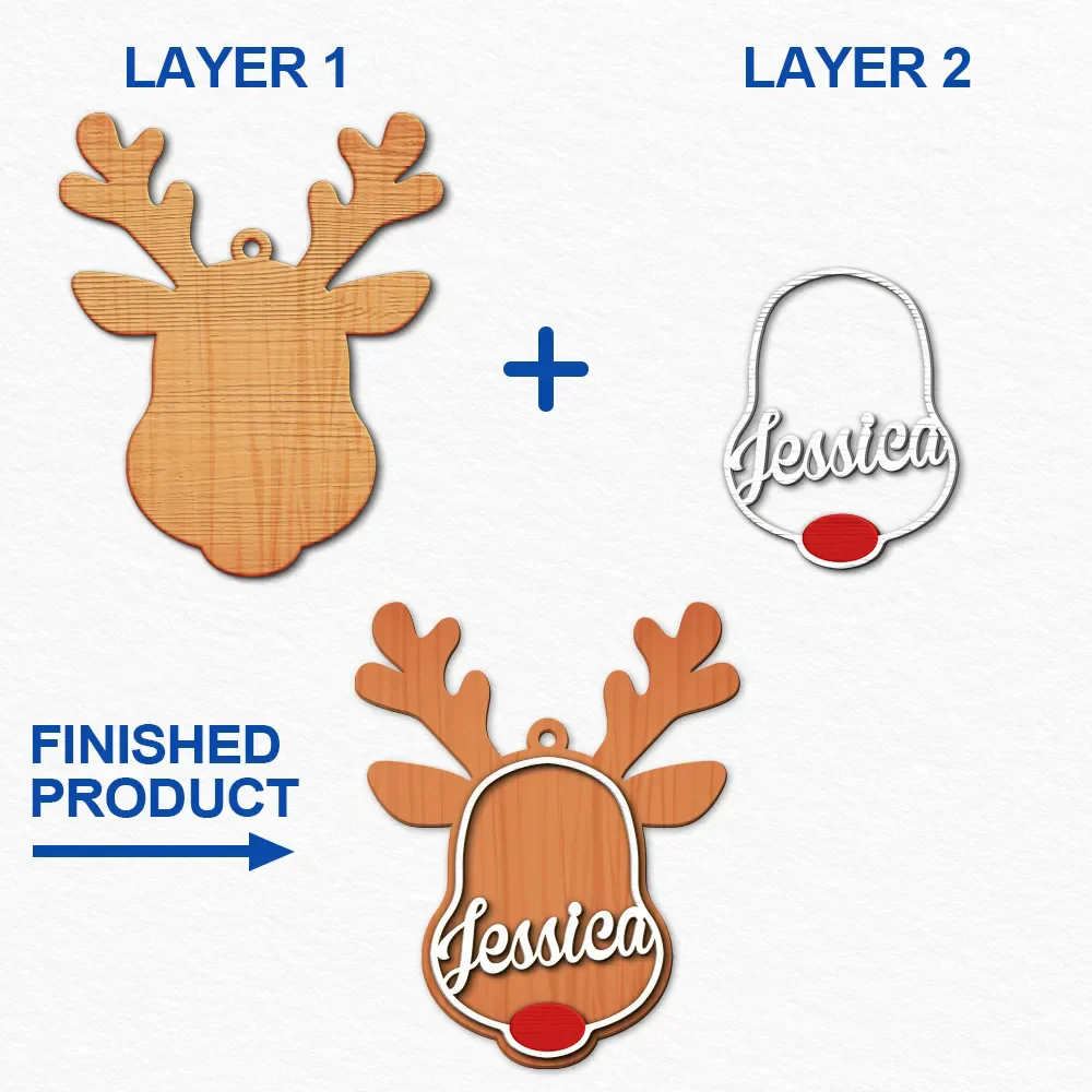 Santa's Reindeer Christmas - Personalized 2-Layered Wooden Ornament - Image 6