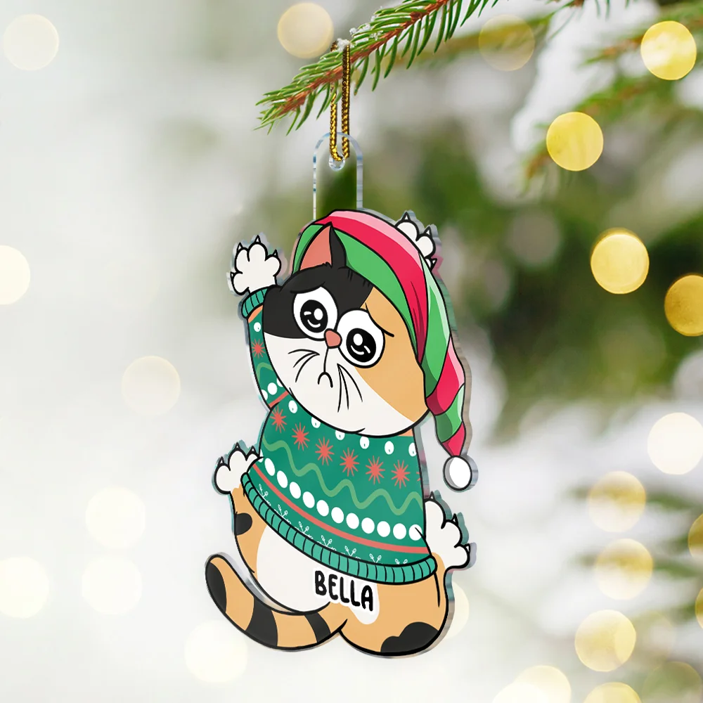 Scratching Cat Christmas - Personalized Cutout Acrylic Ornament - Image 2