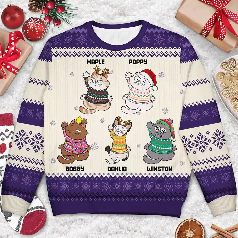 Scratching Wall Cats - Personalized Unisex Ugly Sweater - Image 3