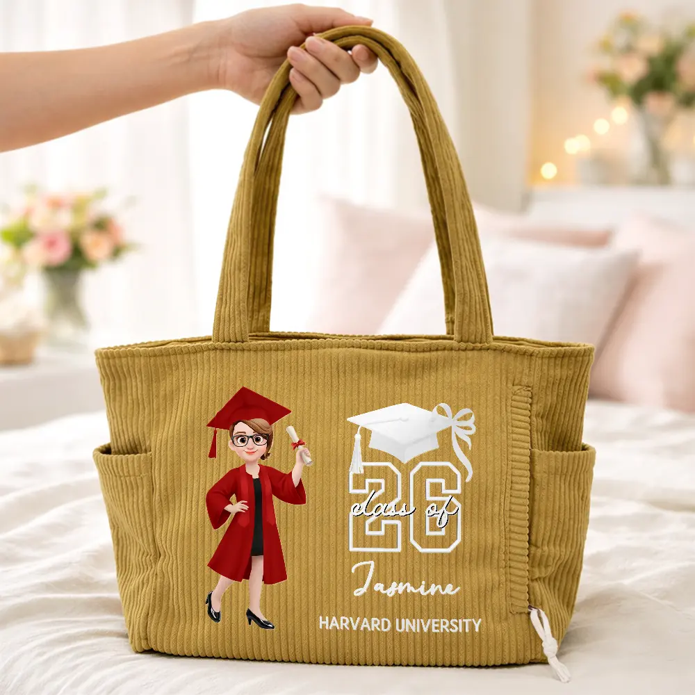 Senior Girl She Finally Did It - Personalized Corduroy Tote Bag - Image 4