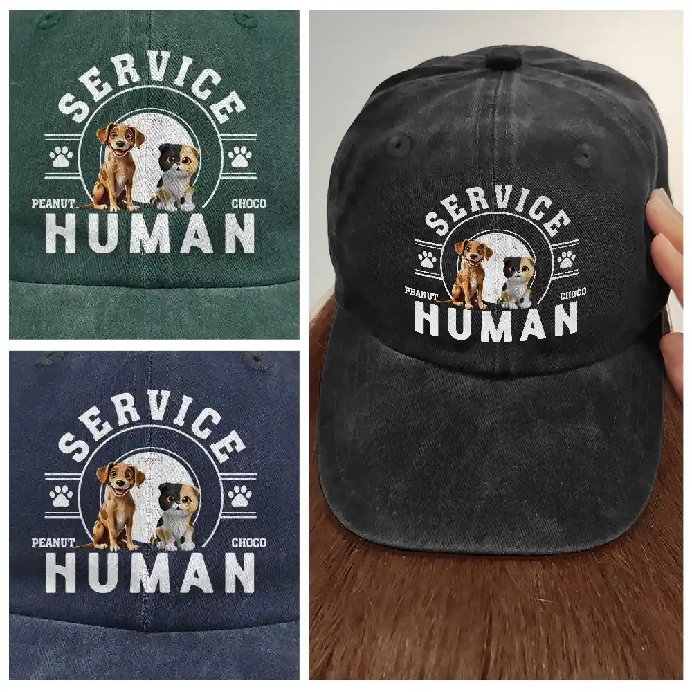 Service Human Do Not Pet Dog Cat - Personalized Vintage Washed Denim Cap - Image 4