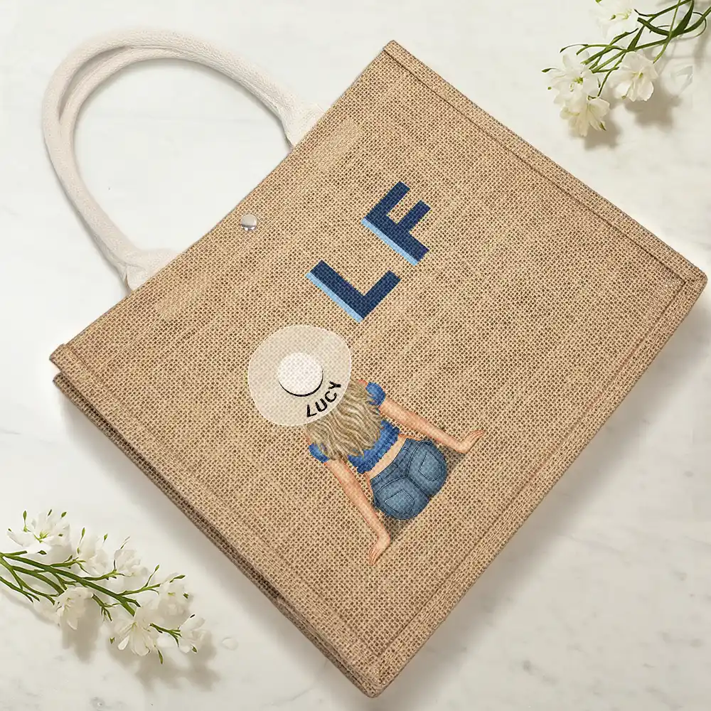 Shadow Monogram Girl By The Beach - Personalized Jute Beach Bag - Image 4
