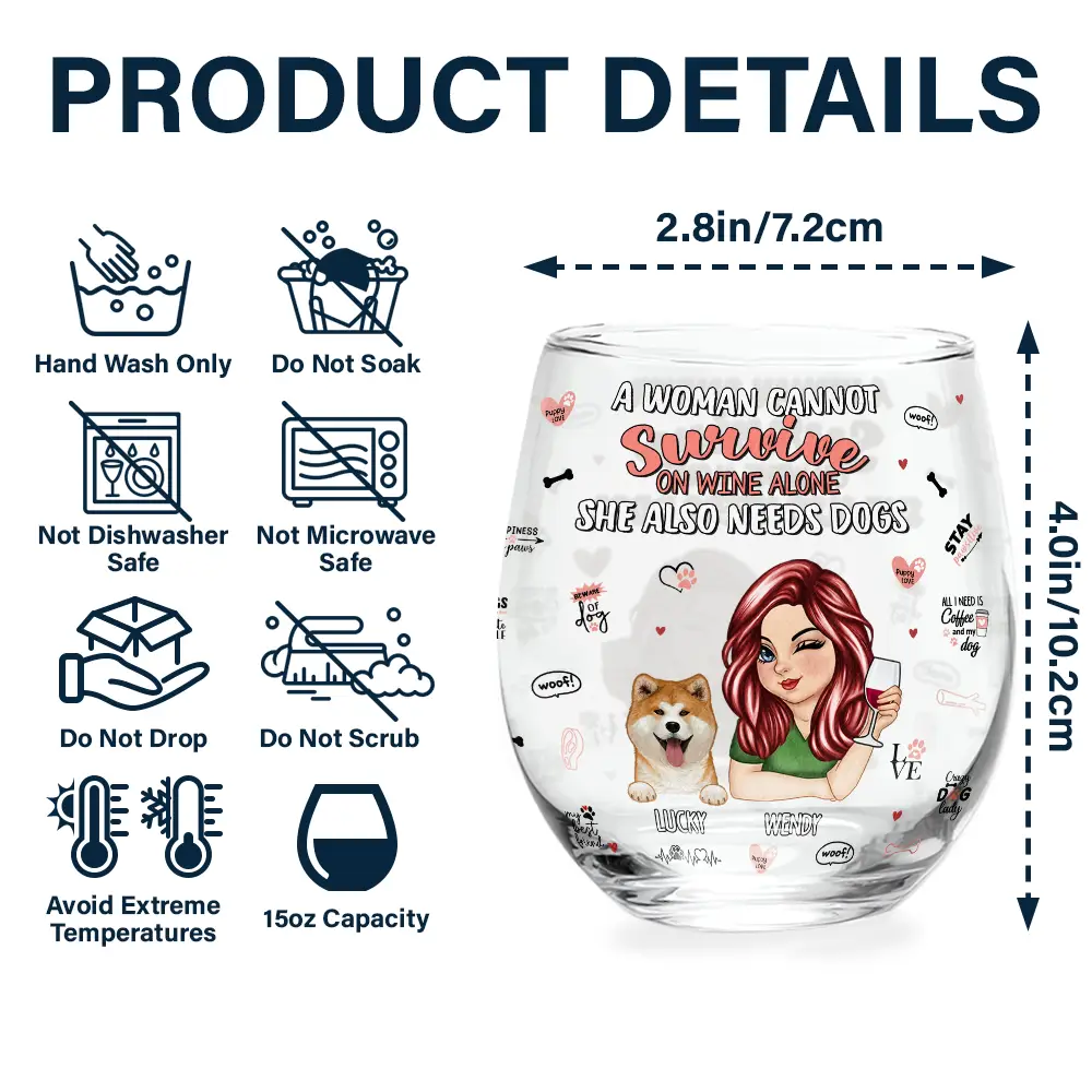 She Also Needs Dogs - Personalized Stemless Wine Glass - Image 5