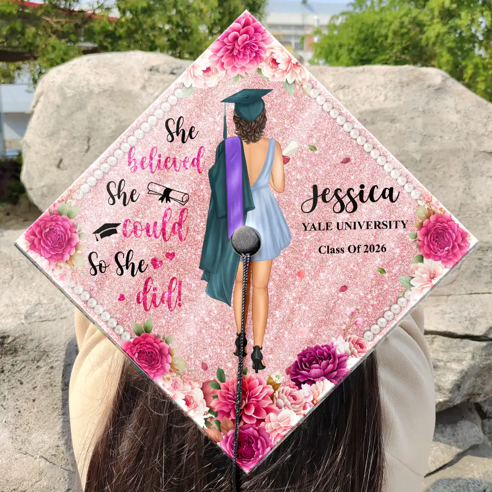 She Believed She Could So She Did Backside - Personalized Graduation Cap Topper - Image 3
